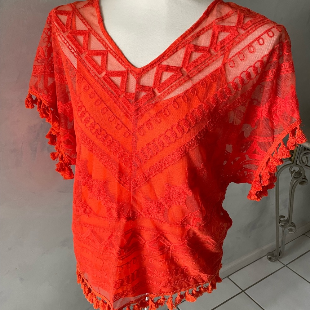 Laundry by Shelli Segal Embroidered Sheer Mesh Top w/Tassle Trim - size M